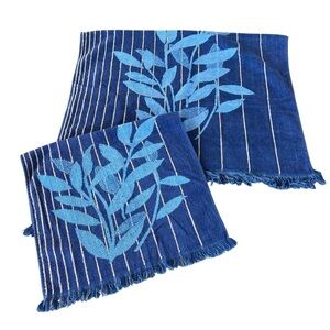VTG Cannon Monticello Striped Leaf 2-Piece Bath Towel Set Blue MCM Retro USA GUC